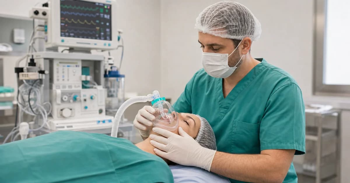 Anestesiologista ajustando máscara de oxigênio em paciente monitorado antes da anestesia geral.