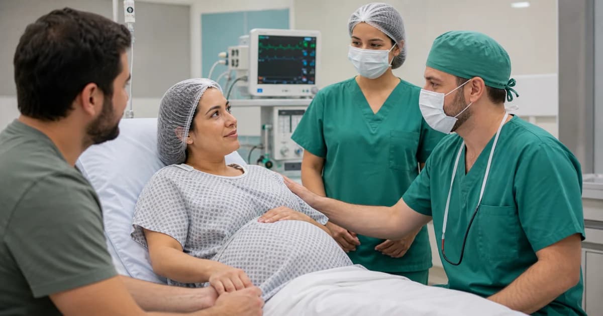 Gestante recebendo orientação da equipe de anestesia antes de uma cesárea.